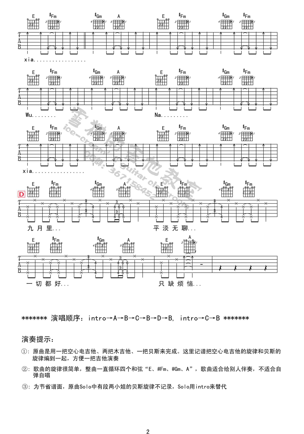 浮躁吉他六线谱 王菲 网络转载 E调
