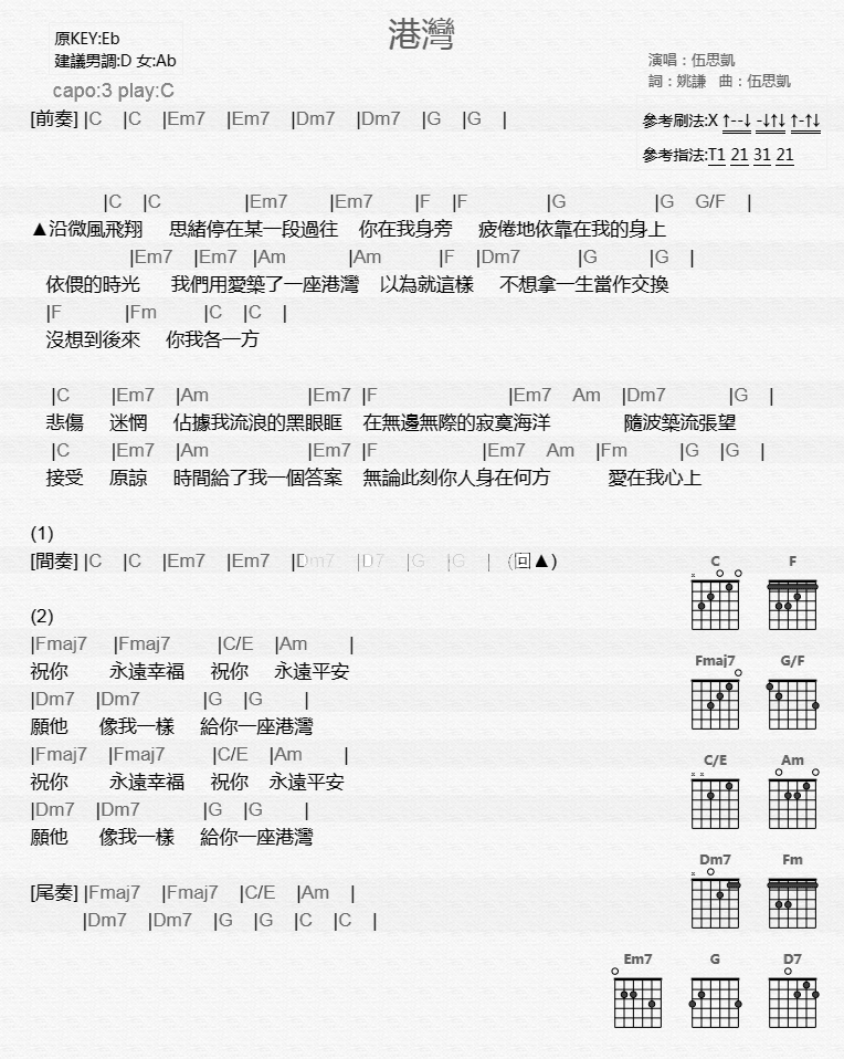 港湾吉他六线谱 伍思凯 音乐之家 C调