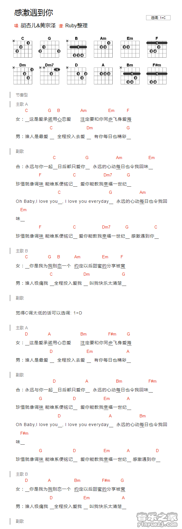 感激遇到你吉他六线谱 胡杏儿 音乐之家 C调