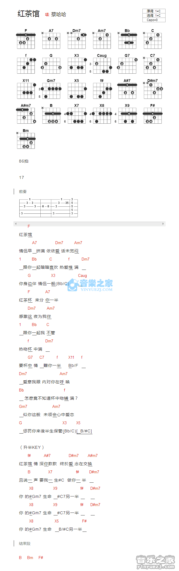 红茶馆吉他六线谱 陈慧娴 音乐之家 C调