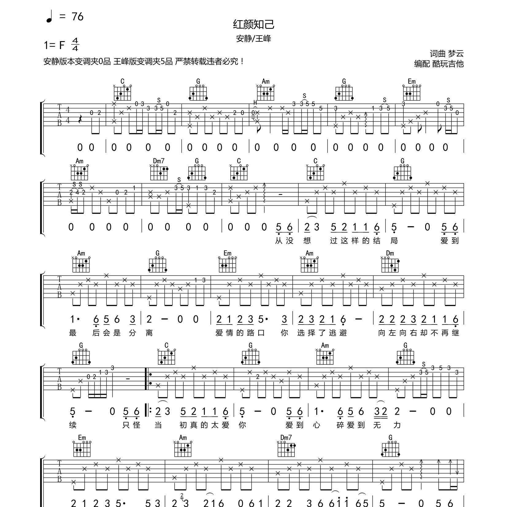 红颜知己吉他六线谱 安静 王峰 酷玩吉他 C调