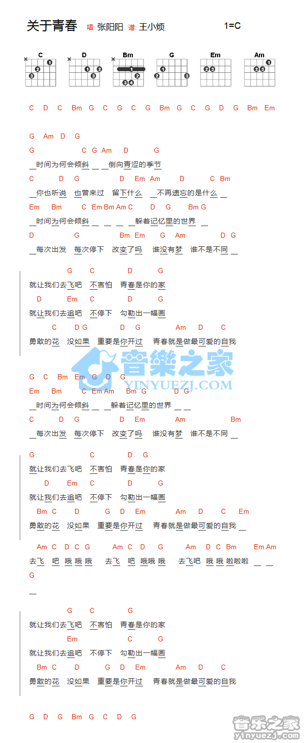 关于青春吉他六线谱 张阳阳 音乐之家 C调