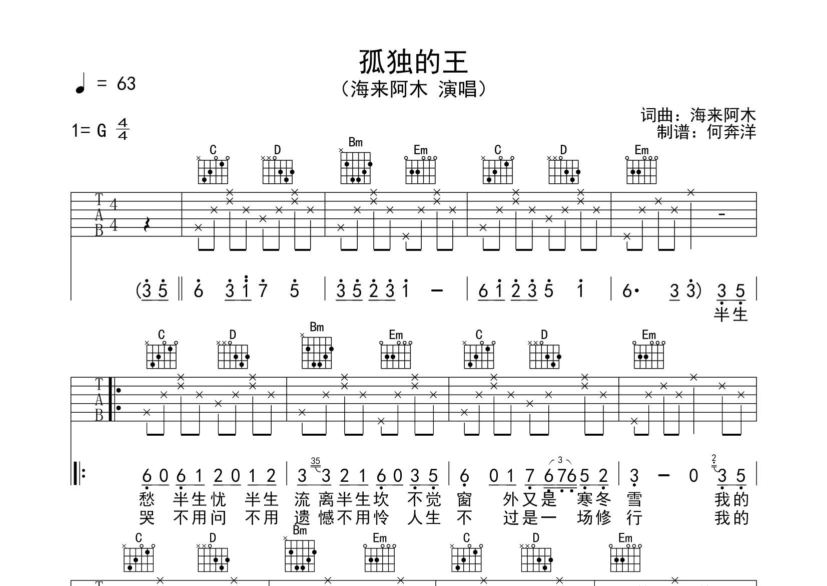 孤独的王吉他六线谱 海来阿木 飞韵吉他 G调