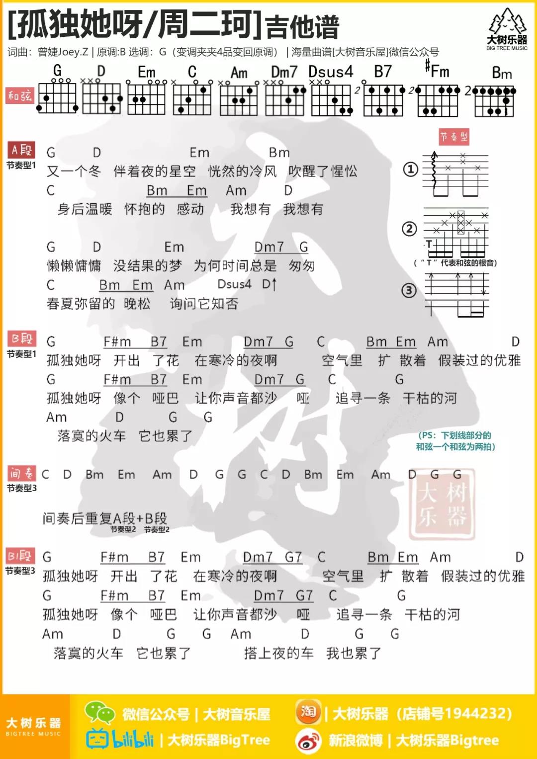 孤独她呀吉他六线谱 周二珂 大树音乐屋 G调