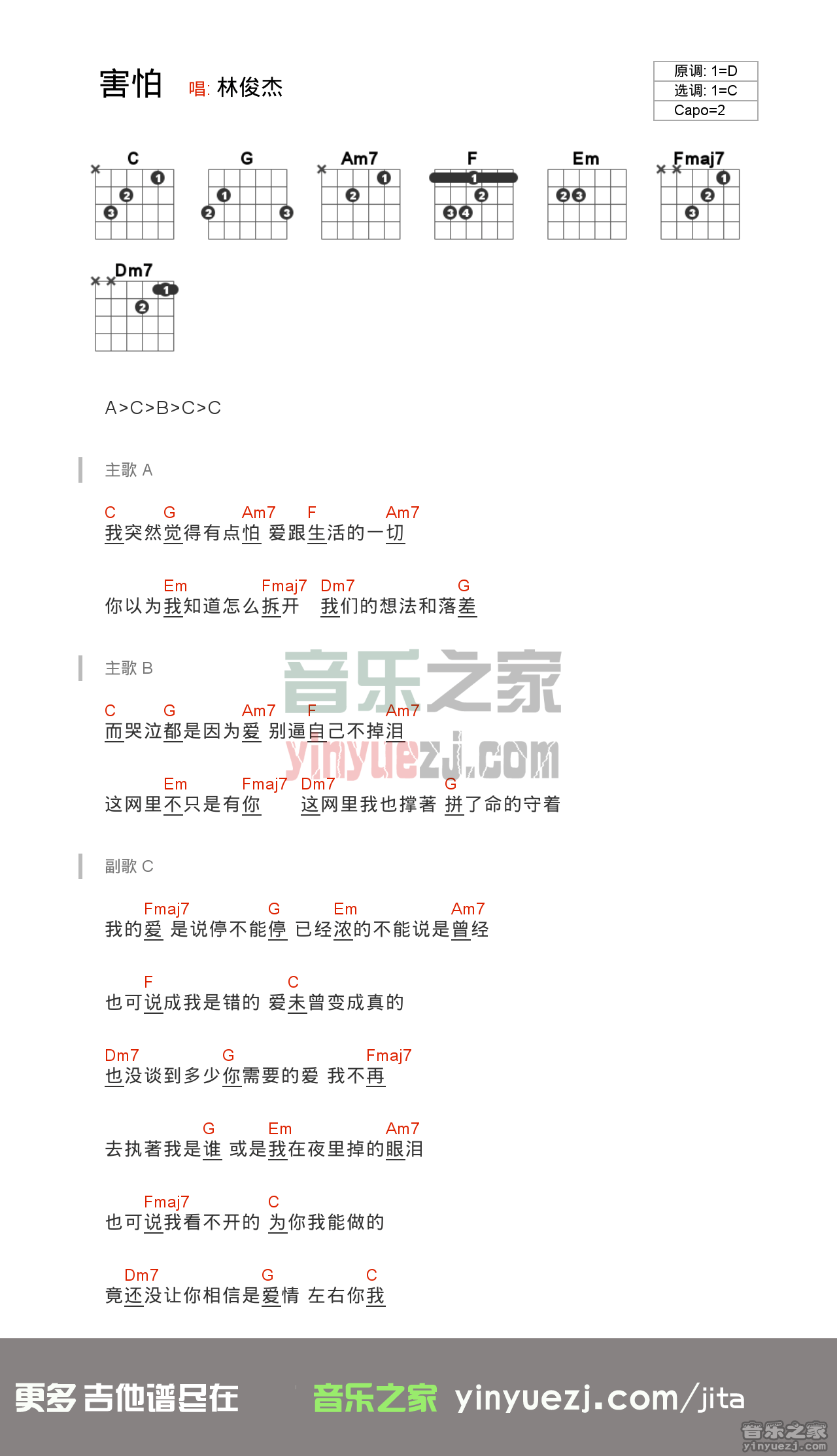 害怕吉他六线谱 林俊杰 音乐之家 C调