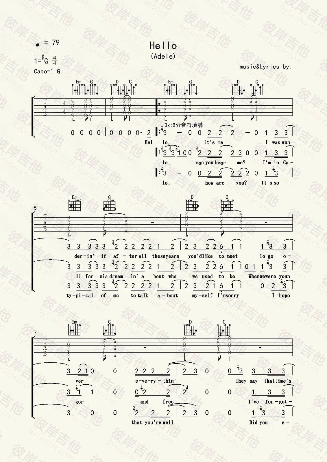 hello吉他六线谱 Adele 彼岸吉他 G调