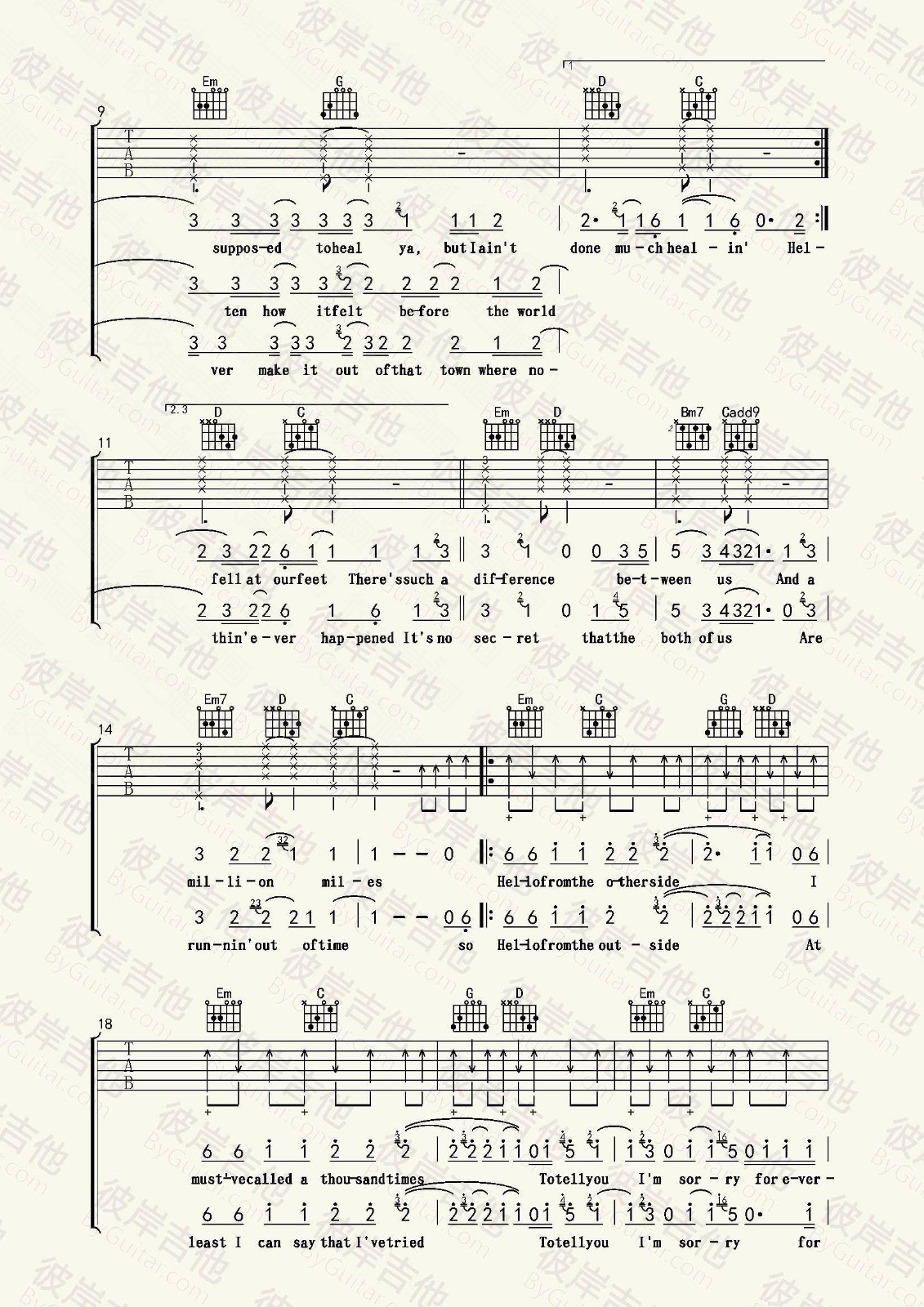hello吉他六线谱 Adele 彼岸吉他 G调