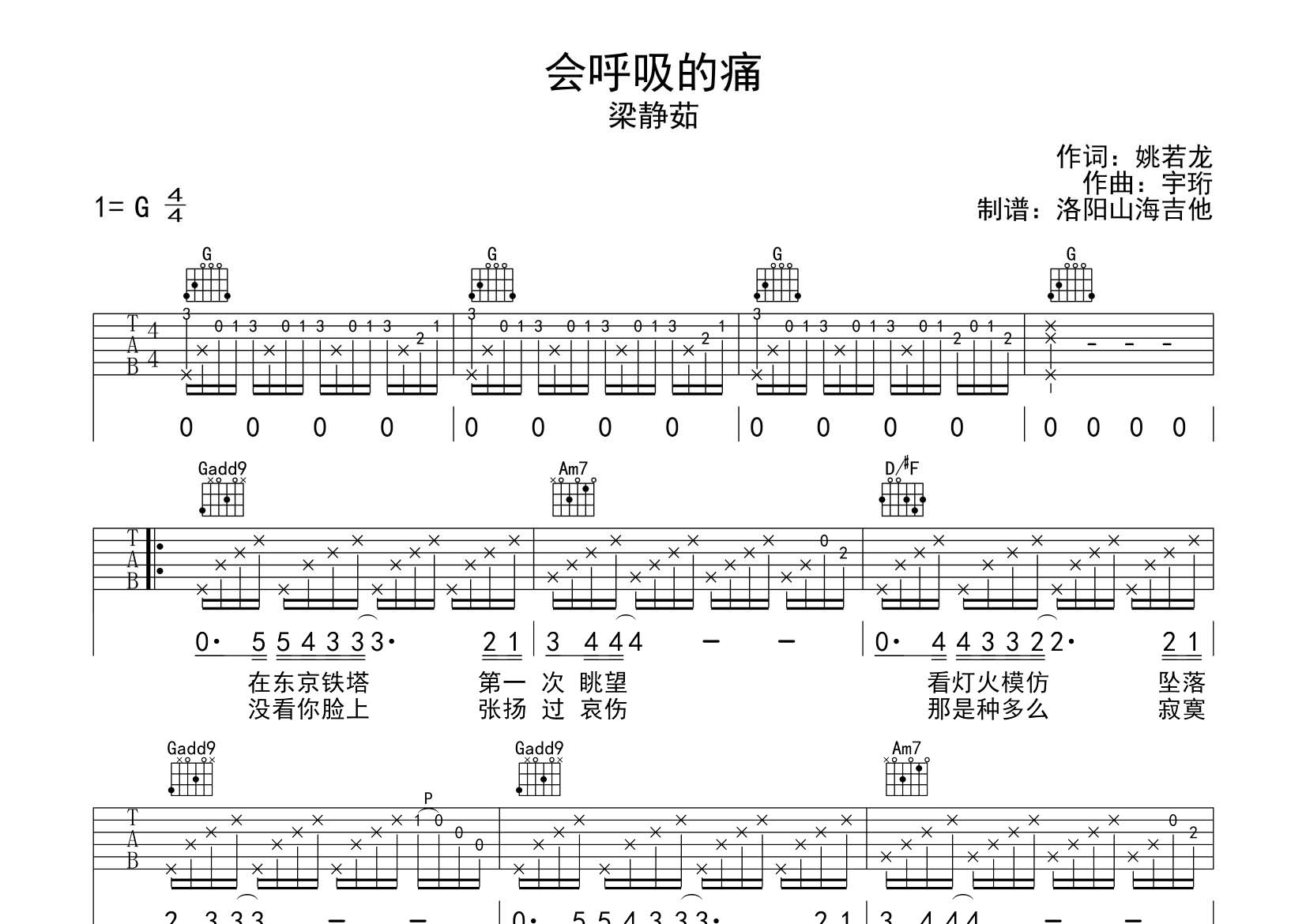 会呼吸的痛吉他六线谱 梁静茹 飞韵吉他 G调