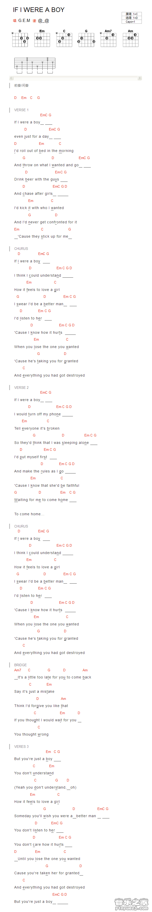 if i were a boy吉他六线谱 邓紫棋 ifiwereaboy 音乐之家 D调
