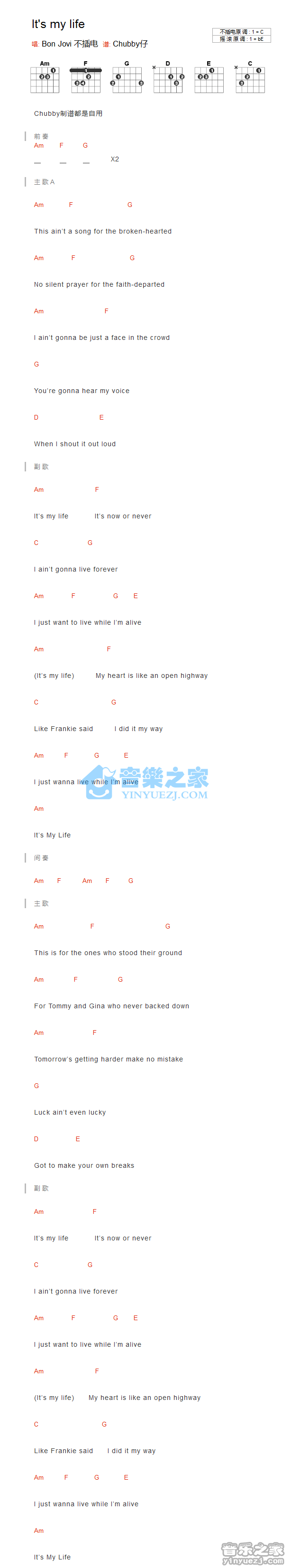 its my life吉他六线谱 BonJovi itsmylife 音乐之家 C调