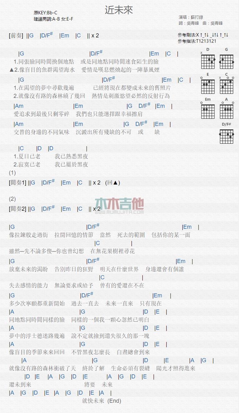 近未来吉他六线谱 苏打绿 木木吉他 C调 