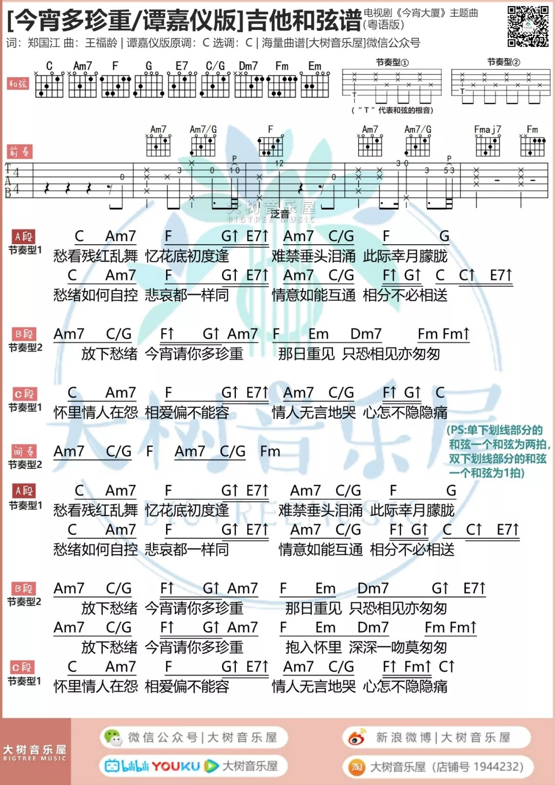 今宵多珍重吉他六线谱 谭嘉仪 大树音乐屋 C调
