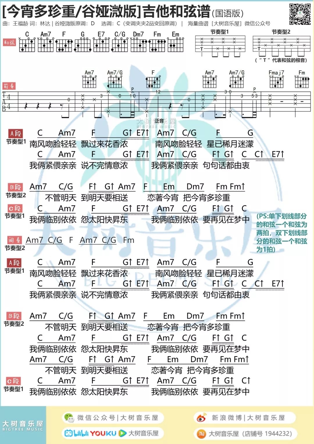 今宵多珍重吉他六线谱 谭嘉仪 大树音乐屋 C调