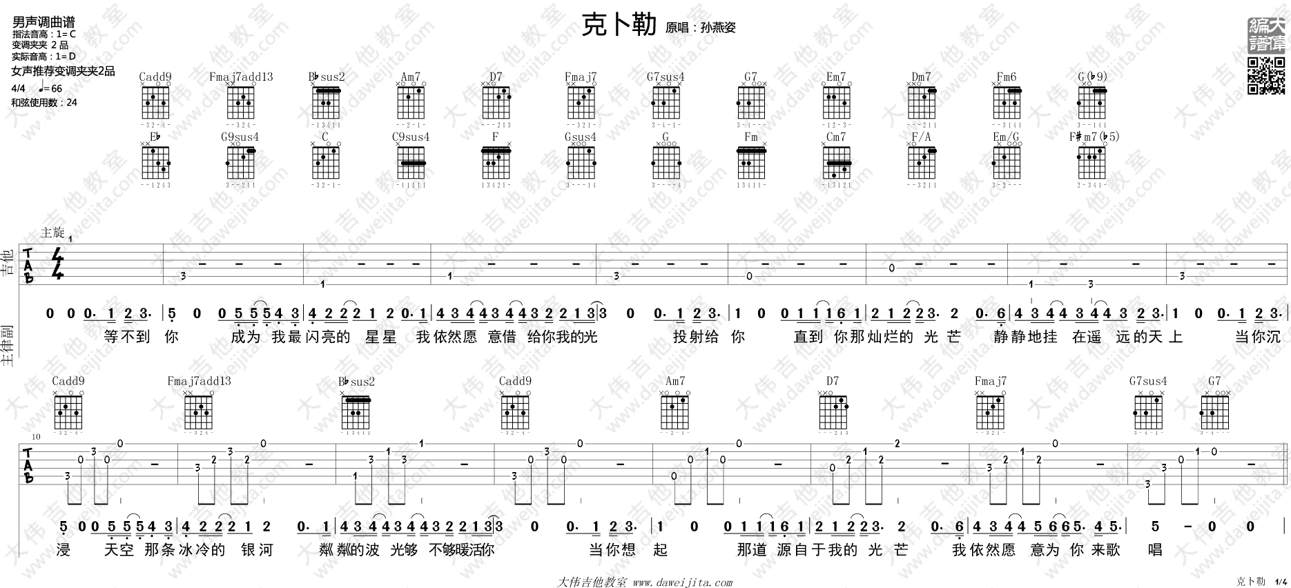 克卜勤吉他六线谱 孙燕姿 大伟吉他教室 C调