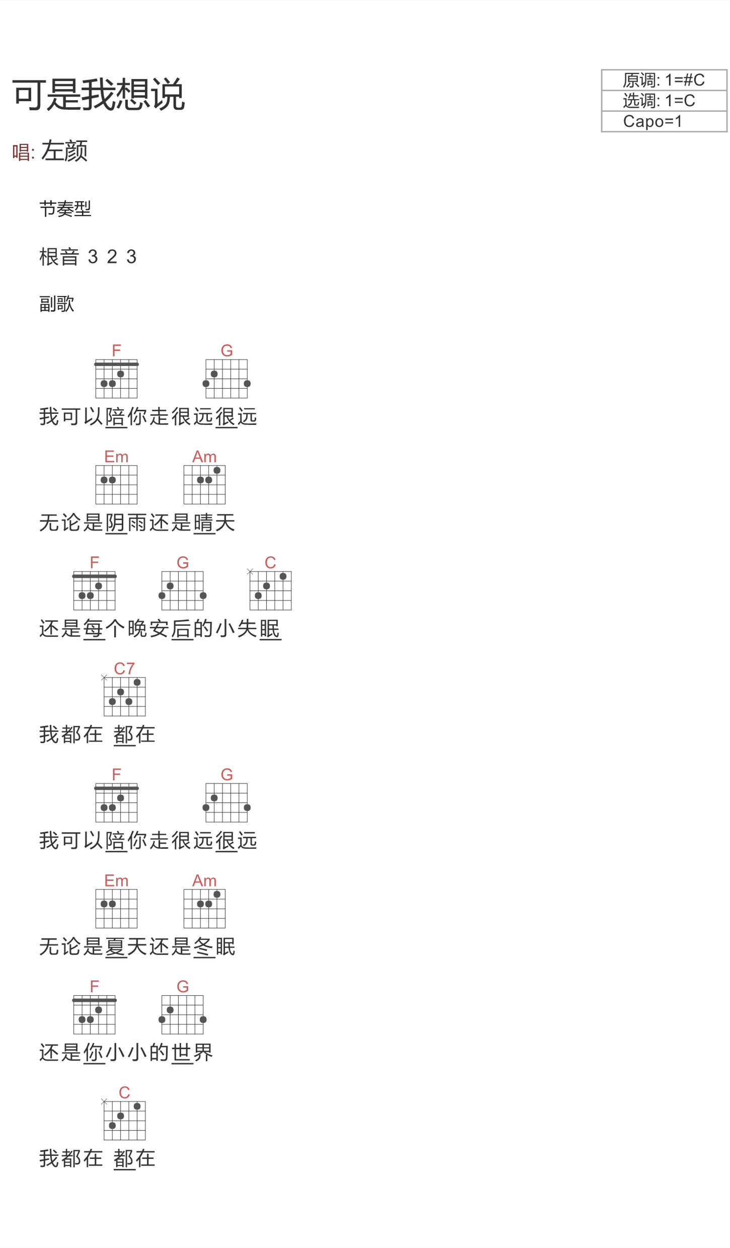 可是我想说吉他六线谱 左颜 网络转载 C调