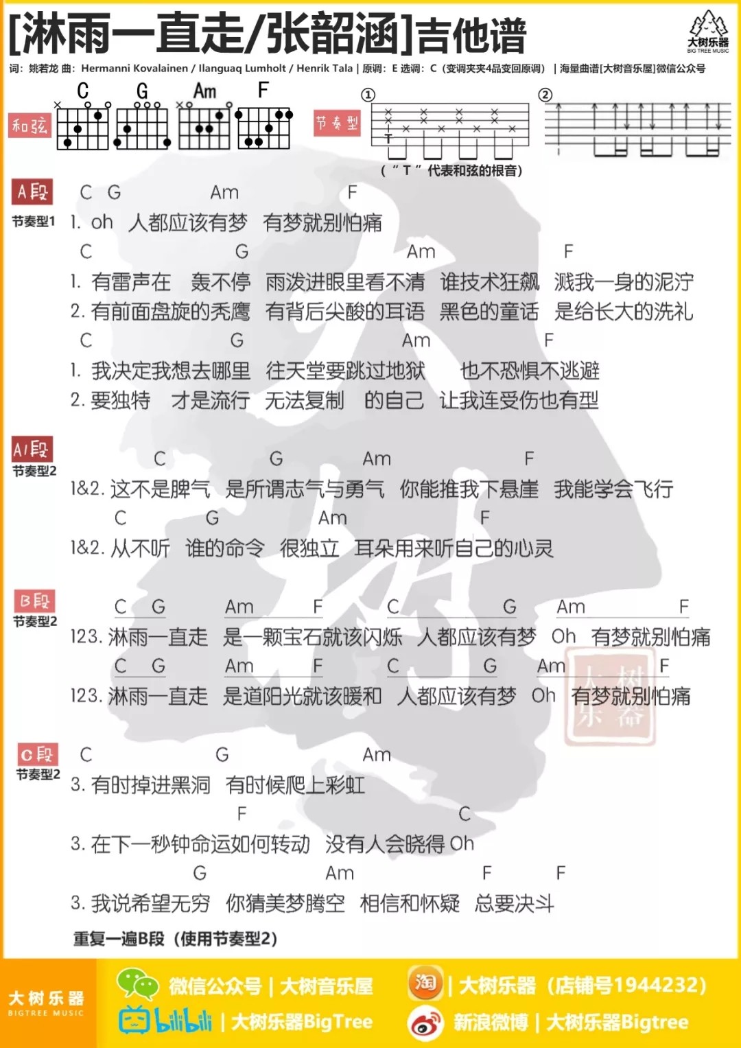 淋雨一直走吉他六线谱 张韶涵 大树音乐屋 C调