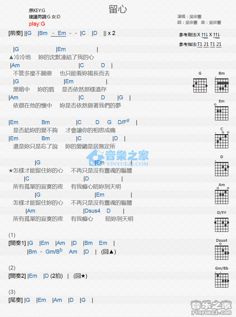 留心吉他六线谱 吴宗宪 音乐之家 D调