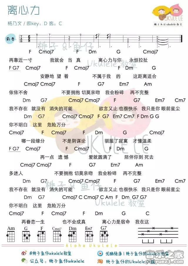 离心力吉他六线谱 杨乃文 桃子鱼仔 C调