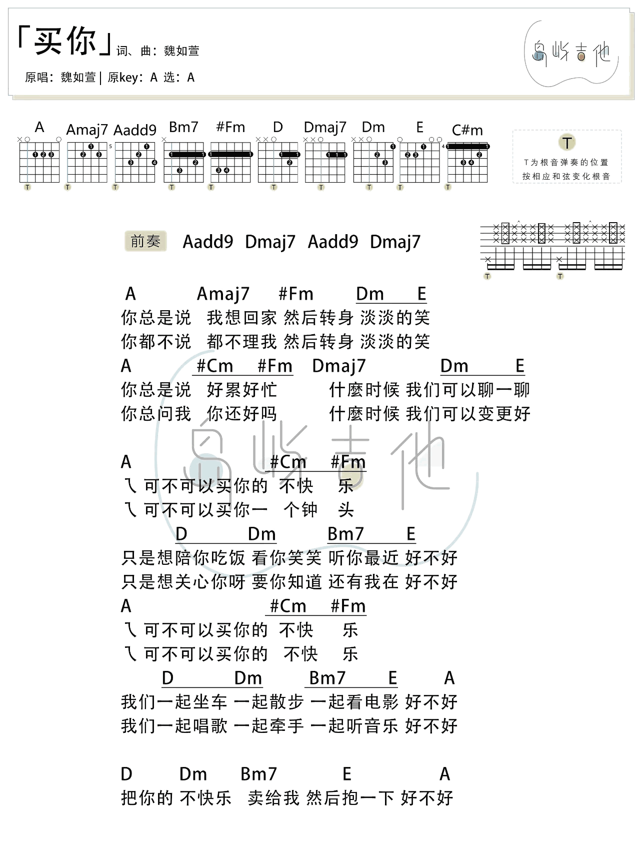 买你吉他六线谱 魏如萱 岛屿吉他 A调