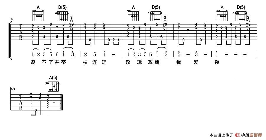 玫瑰玫瑰我爱你吉他六线谱 王若琳 吉他大本营 A调