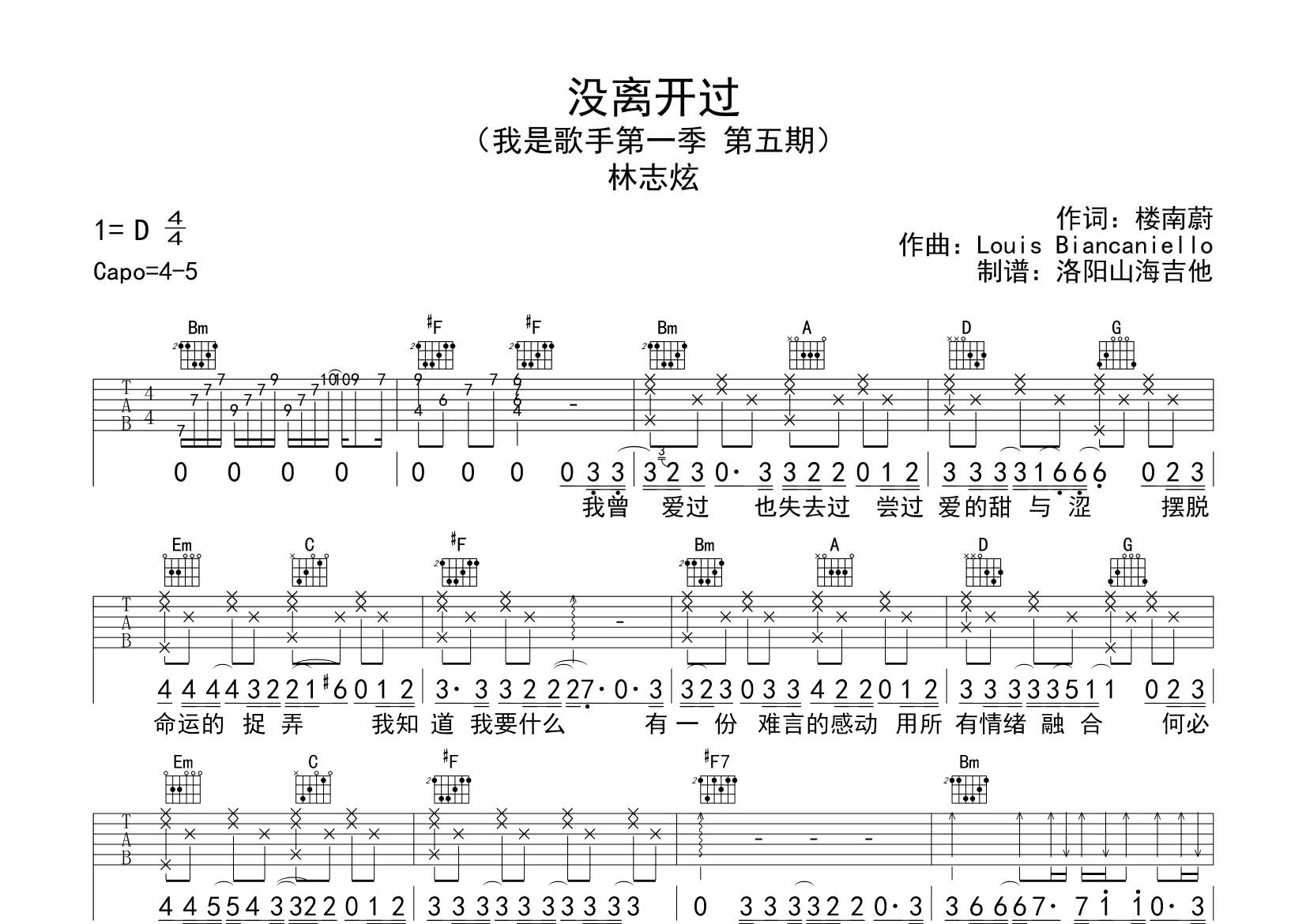 没离开过吉他六线谱 林志炫 飞韵吉他 D调
