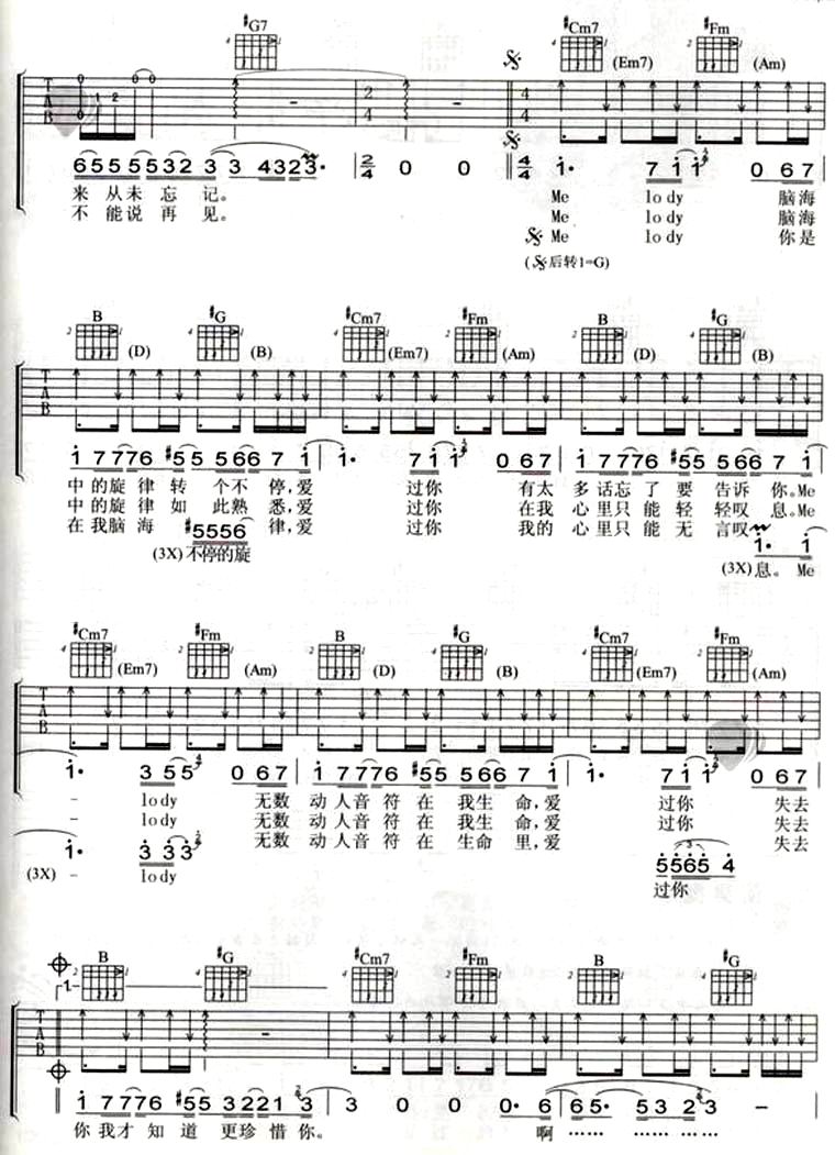 melody吉他六线谱 陶喆 Melody 小巧玲珑吉他 G调
