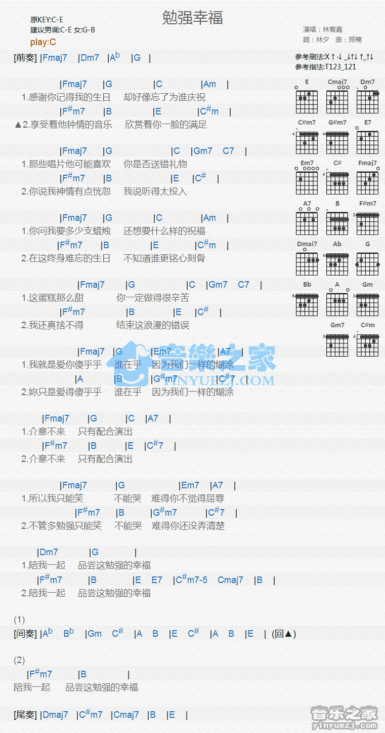 勉强幸福吉他六线谱 林宥嘉 音乐之家 C调