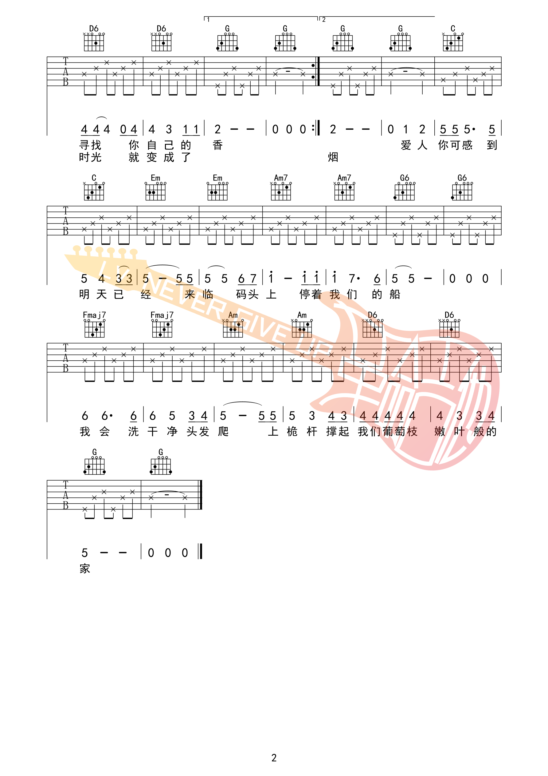 米店吉他六线谱 张玮玮 革命吉他 D调