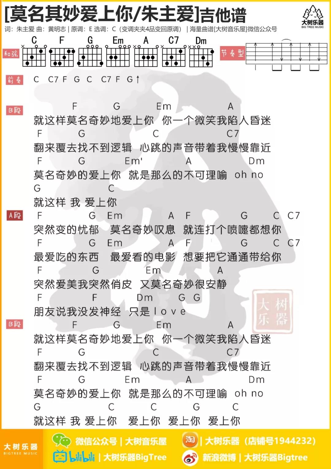 莫名其妙爱上你吉他六线谱 朱主爱 大树音乐屋 C调