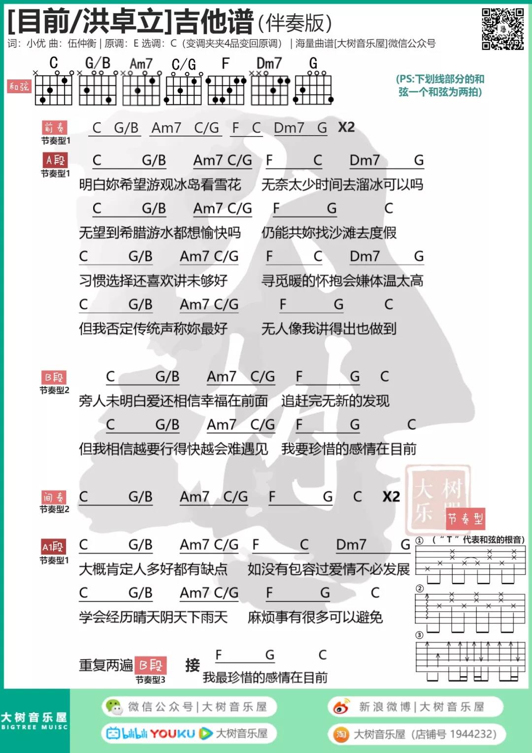 目前吉他六线谱 洪卓立 大树音乐屋 C调