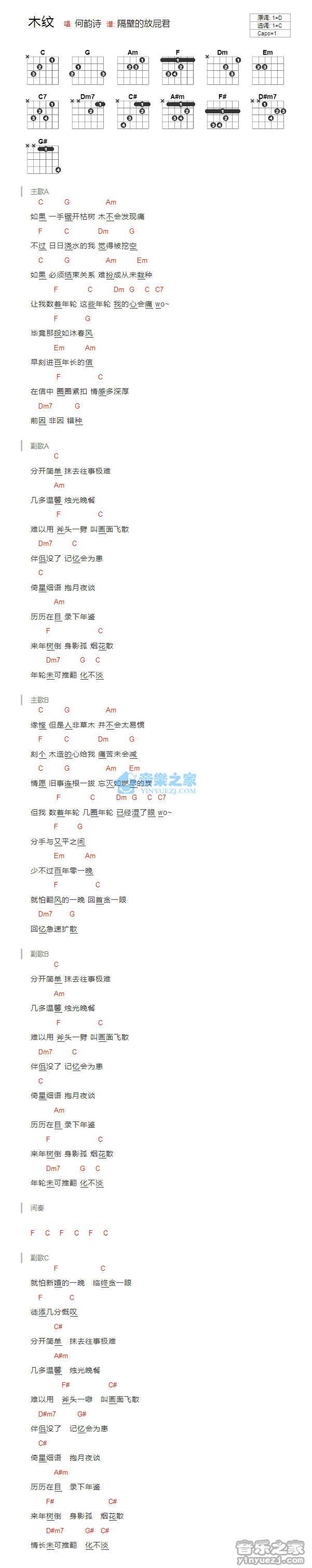 木纹吉他六线谱 何韵诗 音乐之家 C调