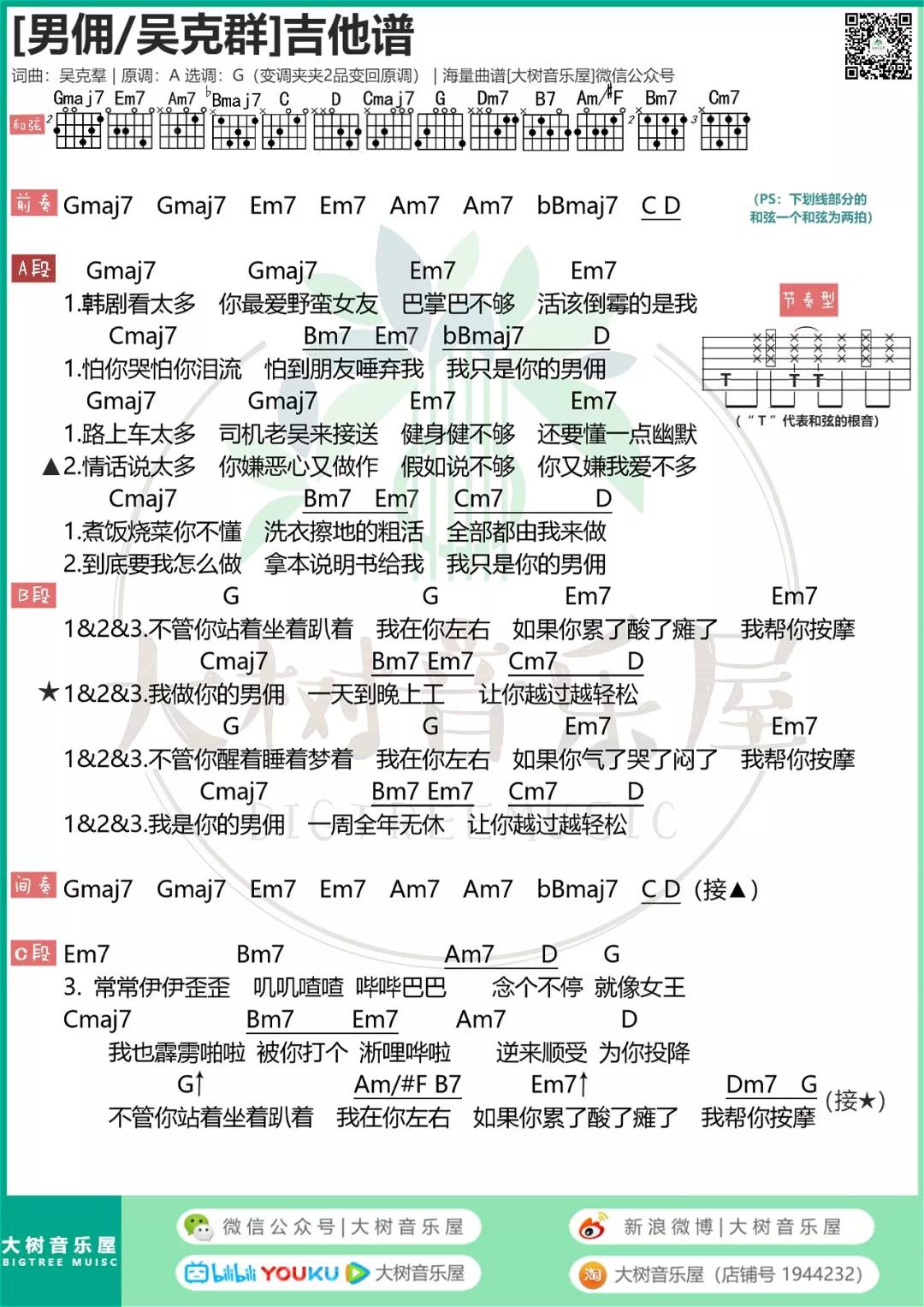 男佣吉他六线谱 吴克群 大树音乐屋 G调