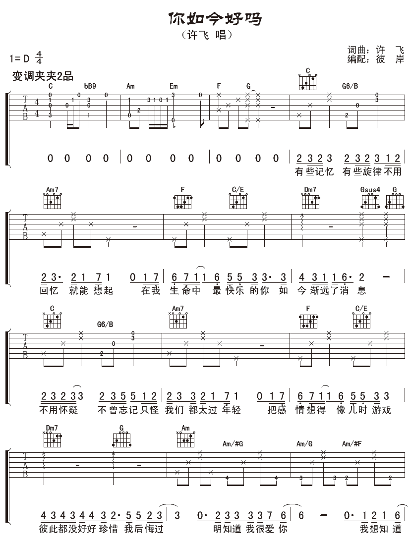 你如今好吗吉他六线谱 许飞 彼岸吉他 D调