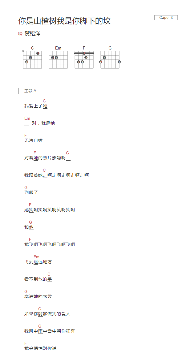 你是山楂树我是你脚下的坟吉他六线谱 贺铭洋 网络转载 C调