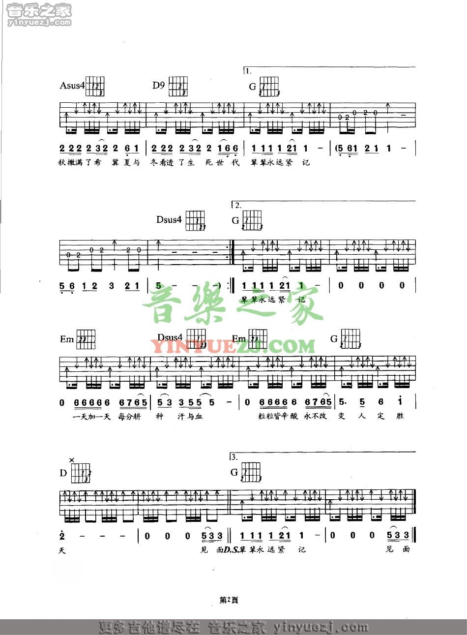 农民吉他六线谱 BEYOND 音乐之家 G调
