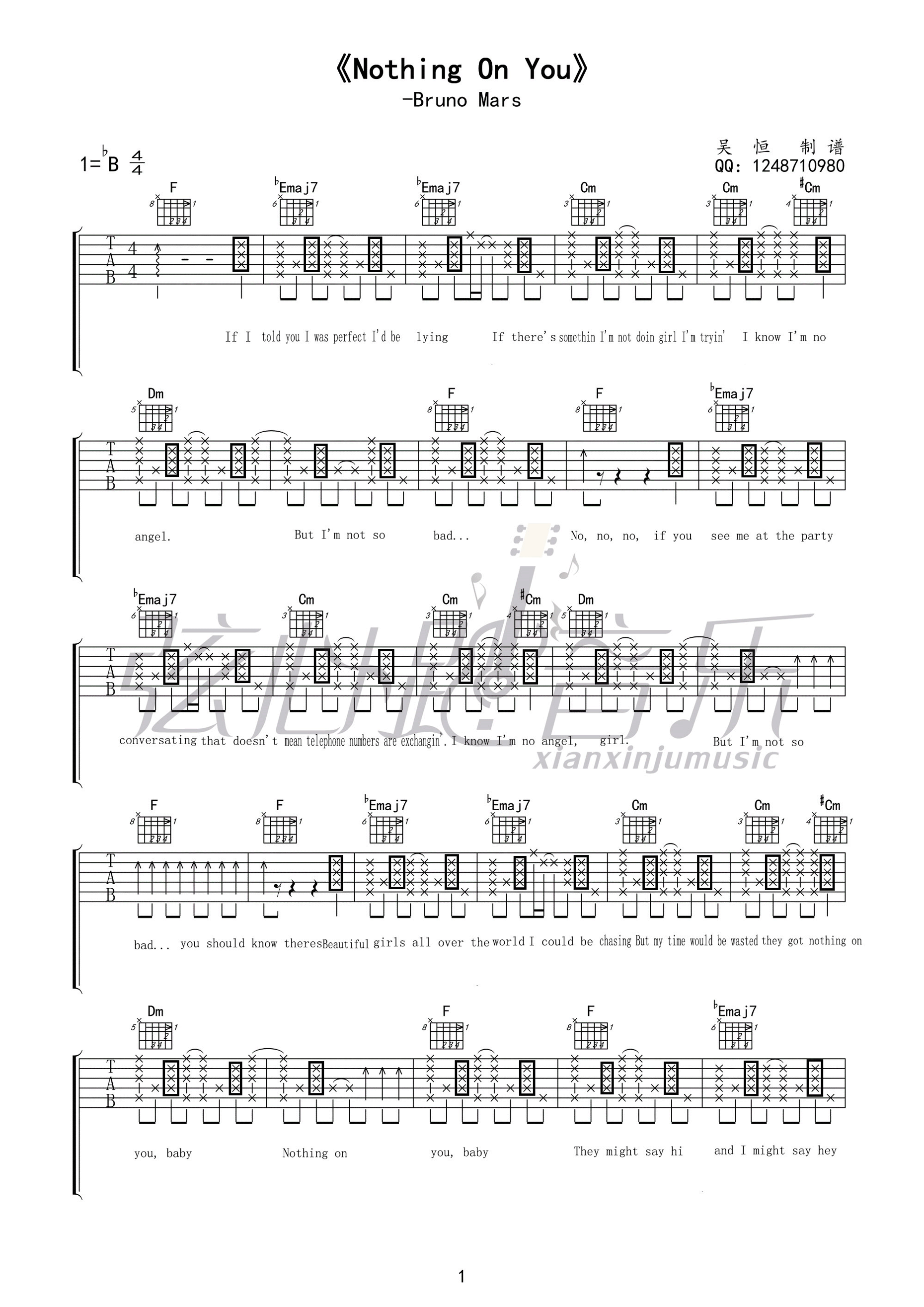 nothing on you吉他六线谱 BrunoMars nothingonyou 吴恒 B调