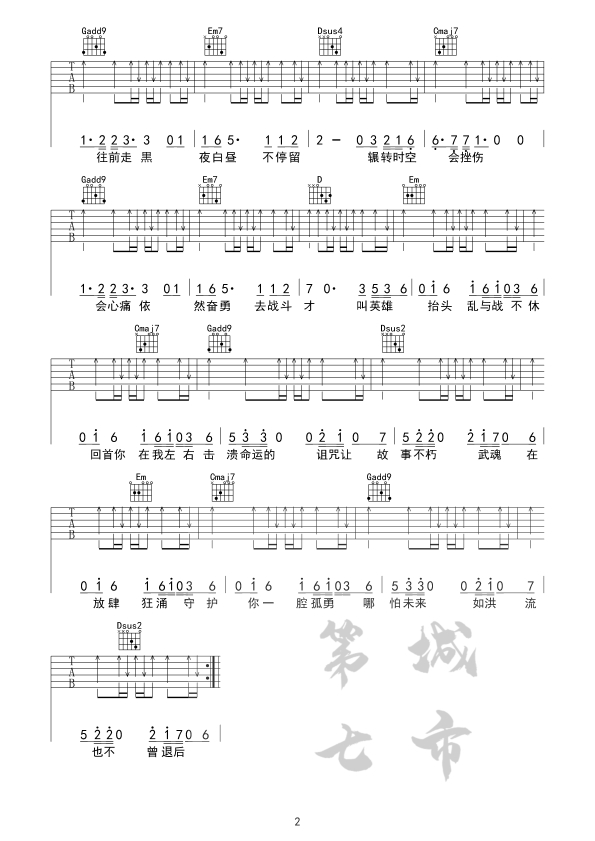 破茧吉他六线谱 张韶涵 第七城市 C调