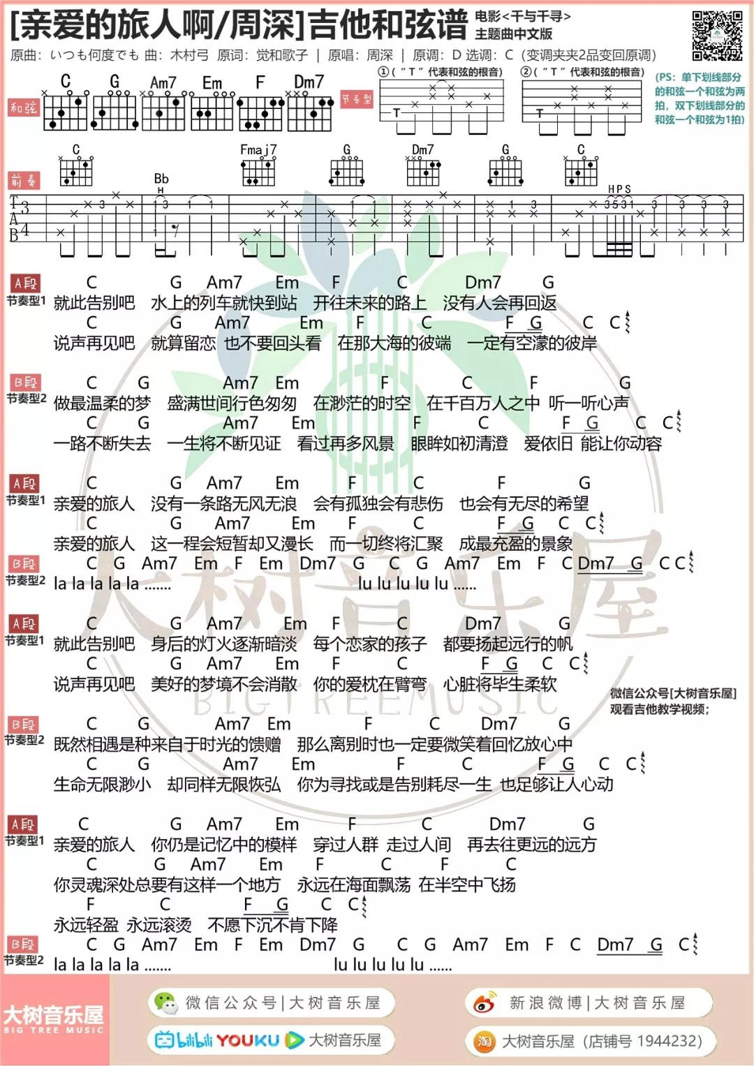 亲爱的旅人啊吉他六线谱 周深 大树音乐屋 C调