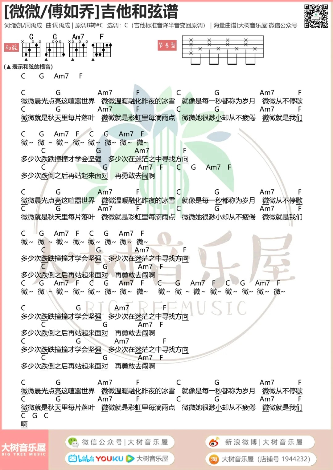 青春有你2吉他六线谱 傅如乔 大树音乐屋 C调