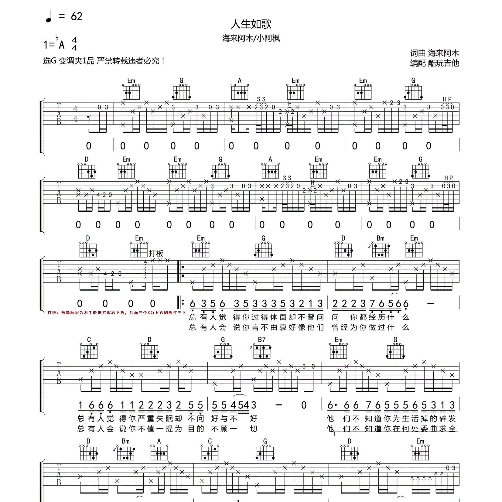 人生如歌吉他六线谱 海来阿木 小阿枫 酷玩吉他 C调