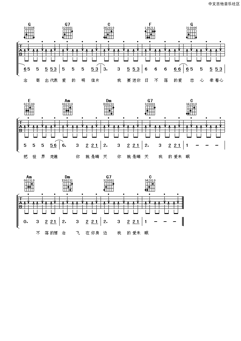 日不落吉他六线谱 蔡依林 阿潘音乐工场 C调