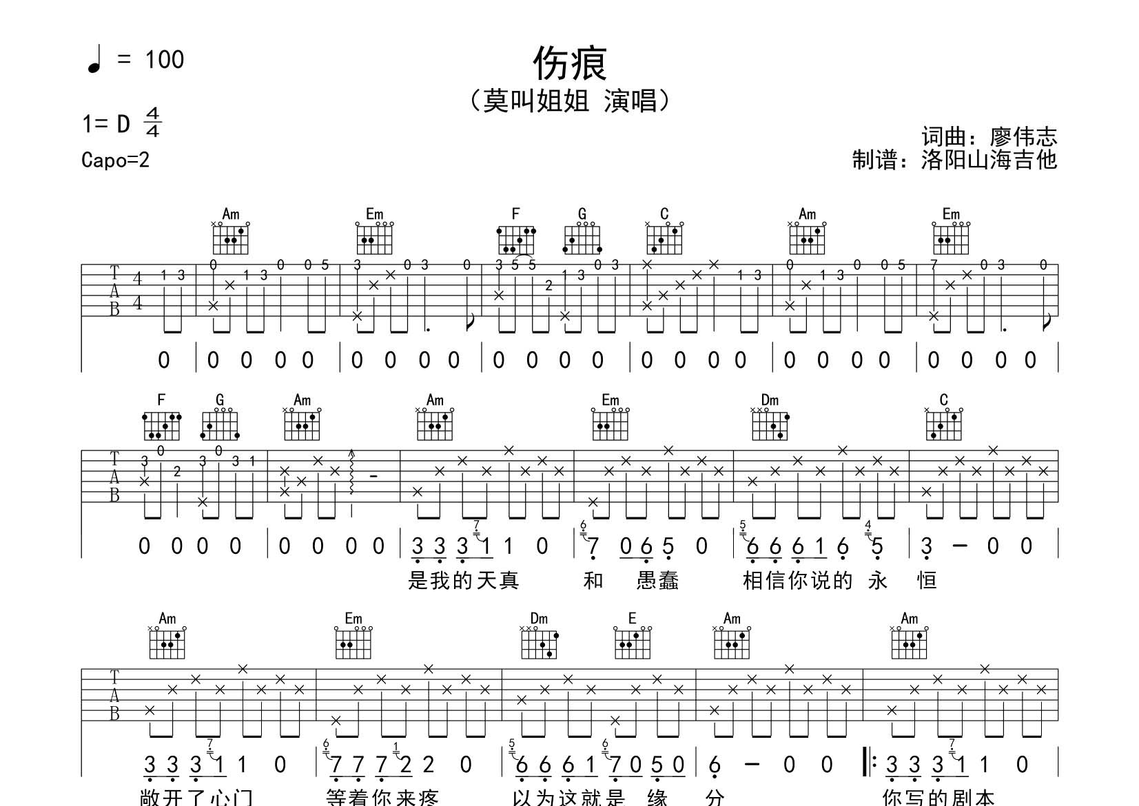 伤痕吉他六线谱 莫叫姐姐 飞韵吉他 C调