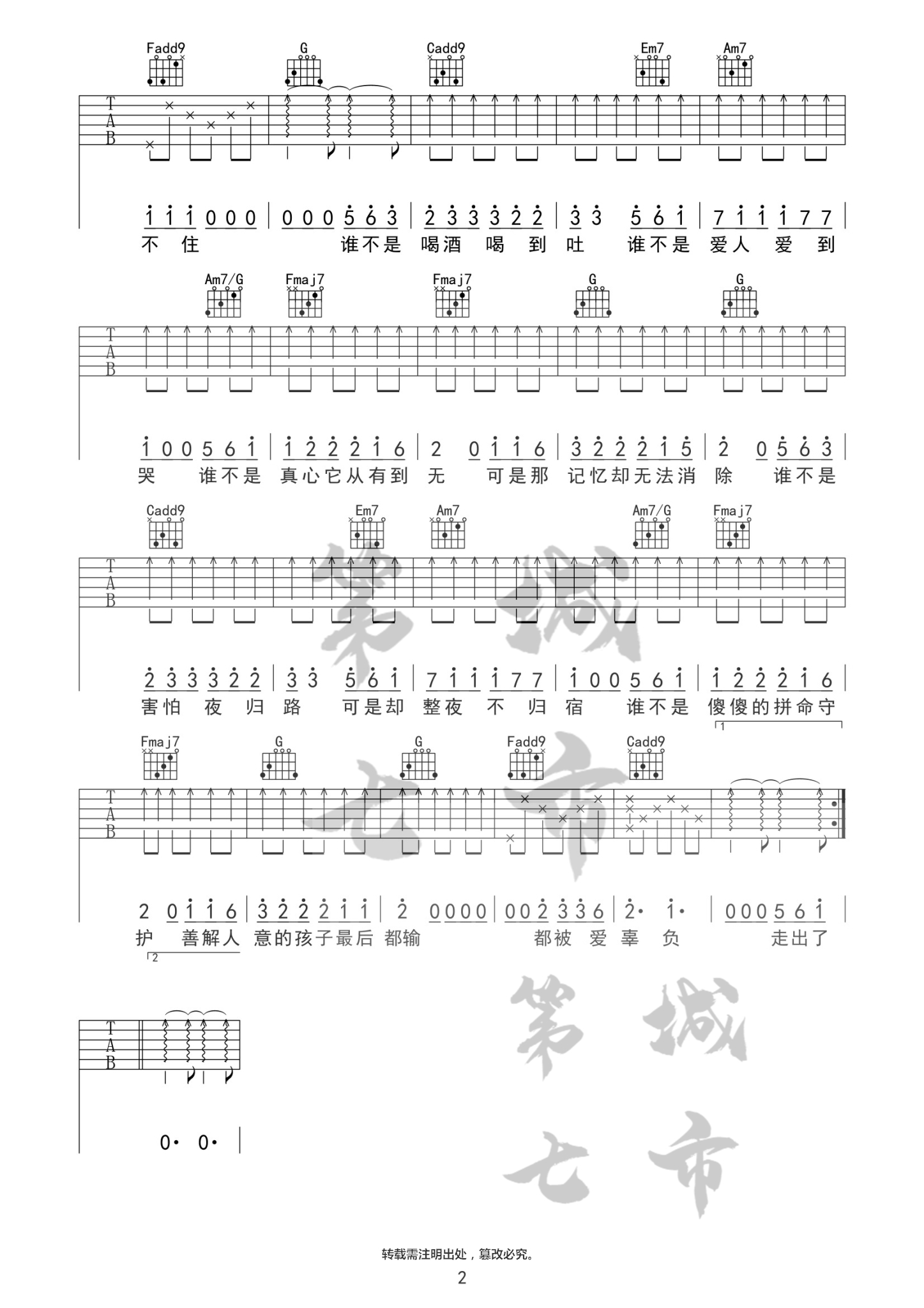 谁不是吉他六线谱 金池 第七城市 C调
