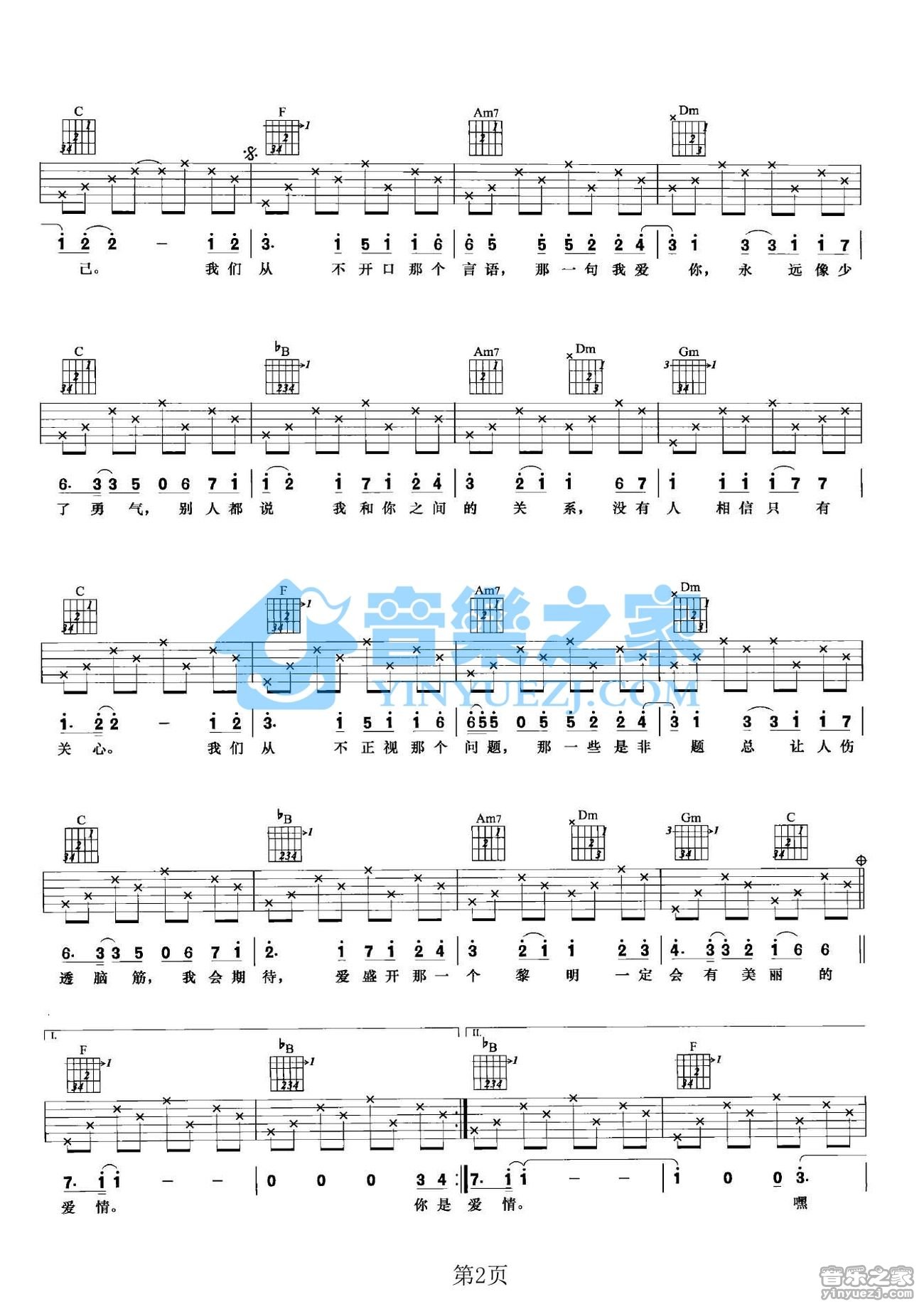 是非题吉他六线谱 范玮琪 音乐之家 F调 