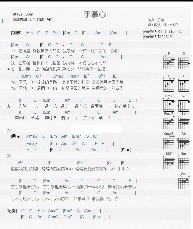 手掌心吉他六线谱 丁当 音乐之家 A调