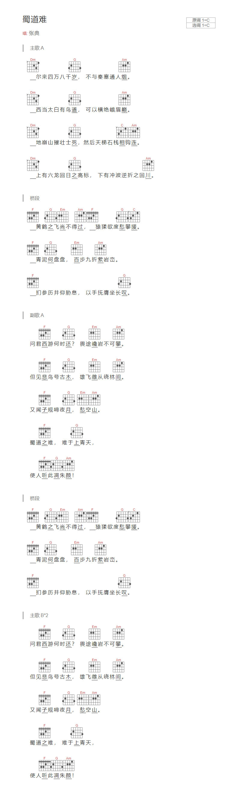 蜀道难吉他六线谱 张典 网络转载 C调