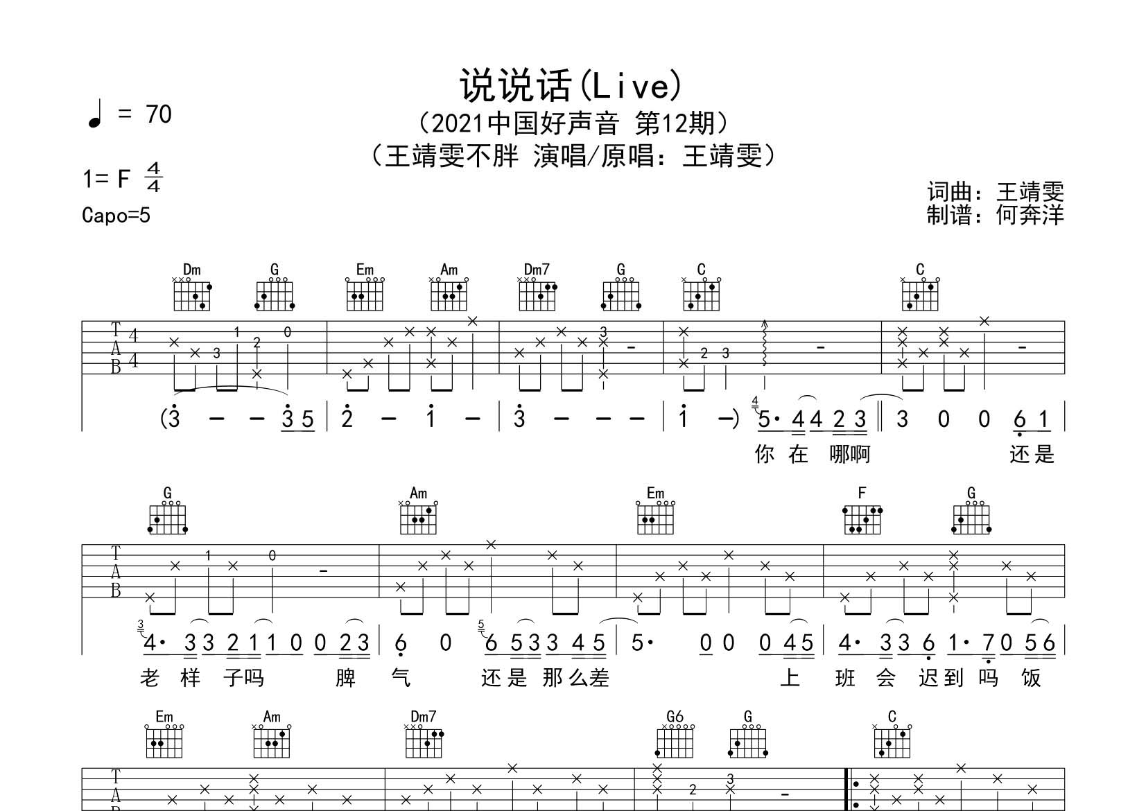 说说话吉他六线谱 王靖雯不胖 飞韵吉他 C调