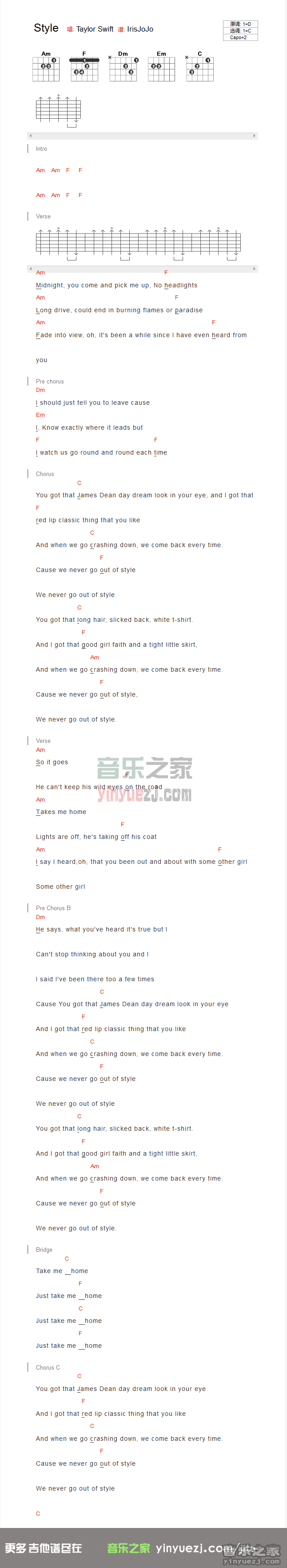 style吉他六线谱 TaylorSwift 音乐之家 C调