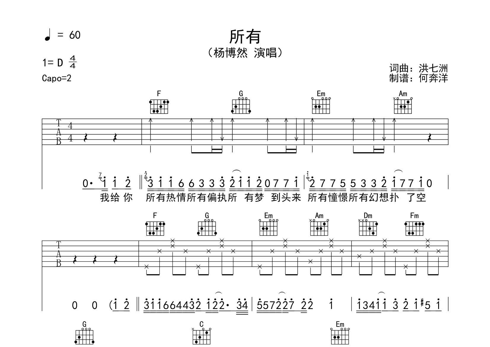 所有吉他六线谱 杨博然 飞韵吉他 C调