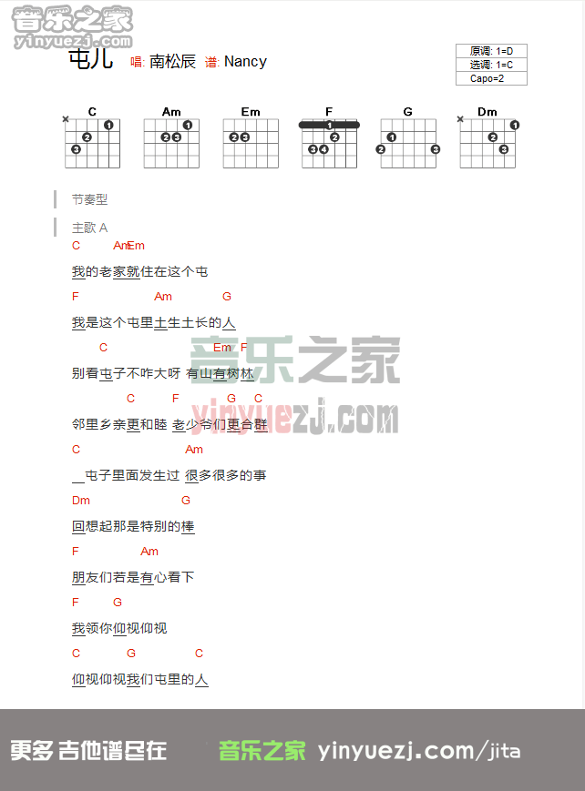 屯儿吉他六线谱 刘德华 音乐之家 C调